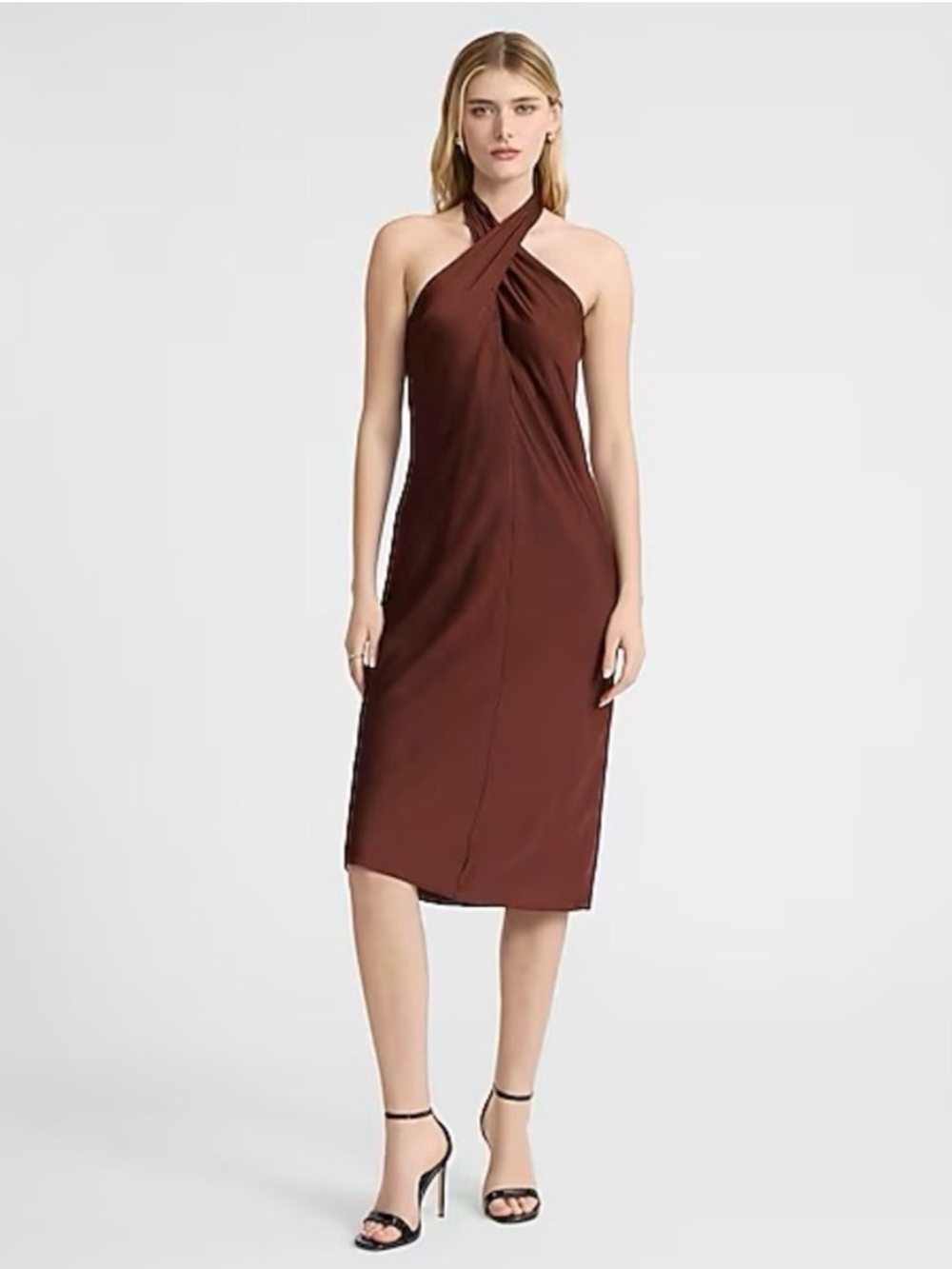 Express Satin Halter Tie Dress in Rich Brown, Medium